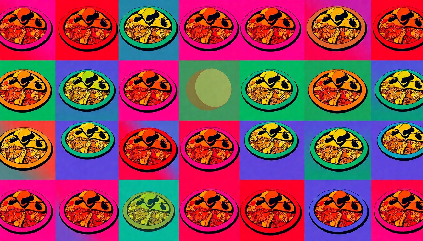 A highly stylized, abstract grid of brightly colored, silkscreened pizza slices, conceptually representing the vibrant new Italian dining experience coming to downtown Athens.