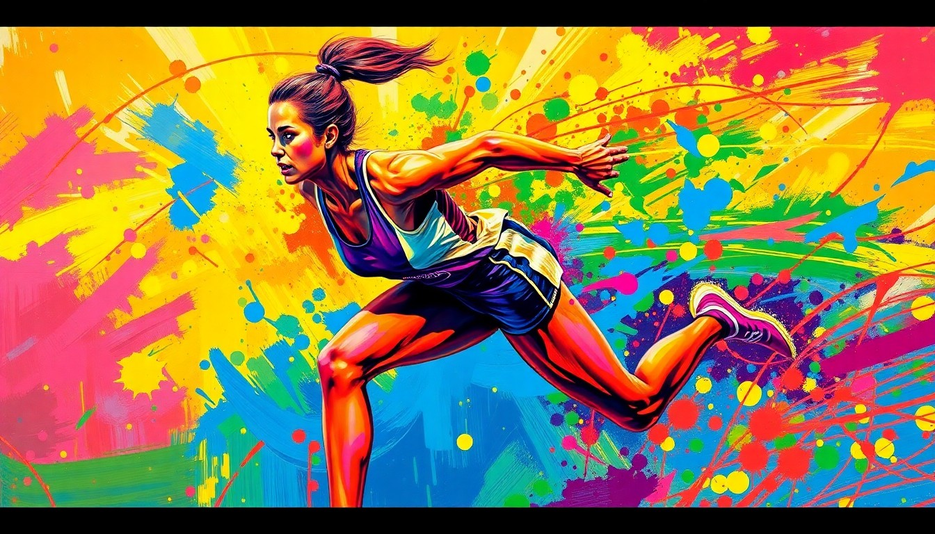A highly textured, energetic painting in neon colors depicting the dynamic movement of a female track and field athlete, with her form dissolving into abstract brushstrokes.
