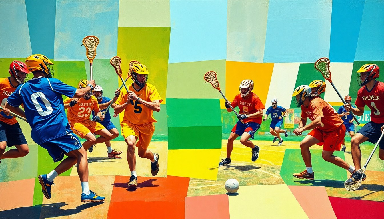 A fragmented, geometric painting showing the chaotic motion of a lacrosse game, with players, sticks, and balls rendered in a cubist style using bold, overlapping shapes and colors.