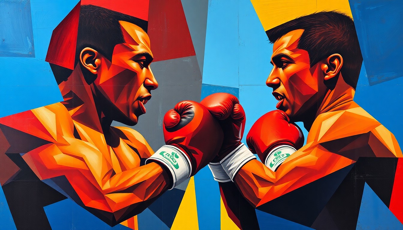 A cubist, geometric painting depicting a boxing match between two fighters, with their forms broken down into sharp, overlapping planes of vibrant colors, capturing the dynamic energy and tension of the rivalry.