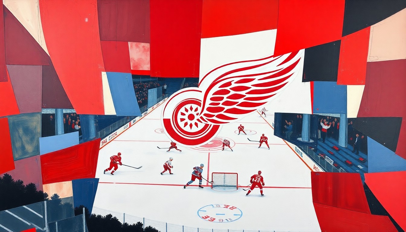 A cubist, geometric painting depicting a fragmented hockey game, with sharp planes of red, white, and blue overlapping to create a sense of motion and chaos on the ice.
