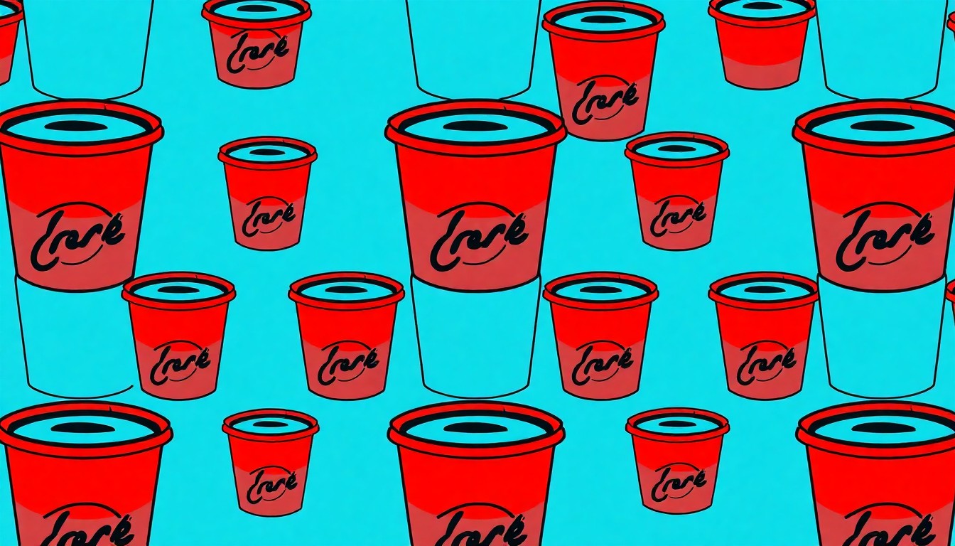 A brightly colored, high-contrast silkscreen print of a classic diner coffee cup repeated in a tight grid pattern, using a vibrant neon color palette and heavy black photographic outlines to turn an everyday lifestyle object into modern pop art.