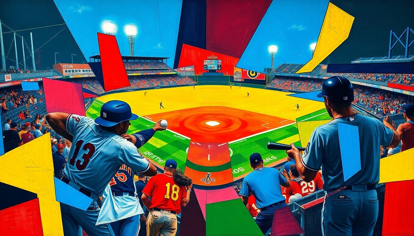 A cubist, geometric painting depicting a baseball game or match broken down into sharp, overlapping planes of color, with no recognizable players, logos, or text, capturing the fragmented state of the Washington Nationals franchise.