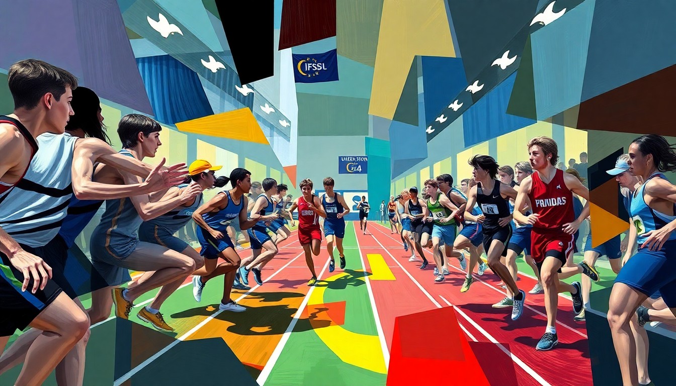 A cubist, geometric painting depicting the dynamic motion and competition of a high school indoor track meet, with vibrant colors representing the athletes and their equipment.