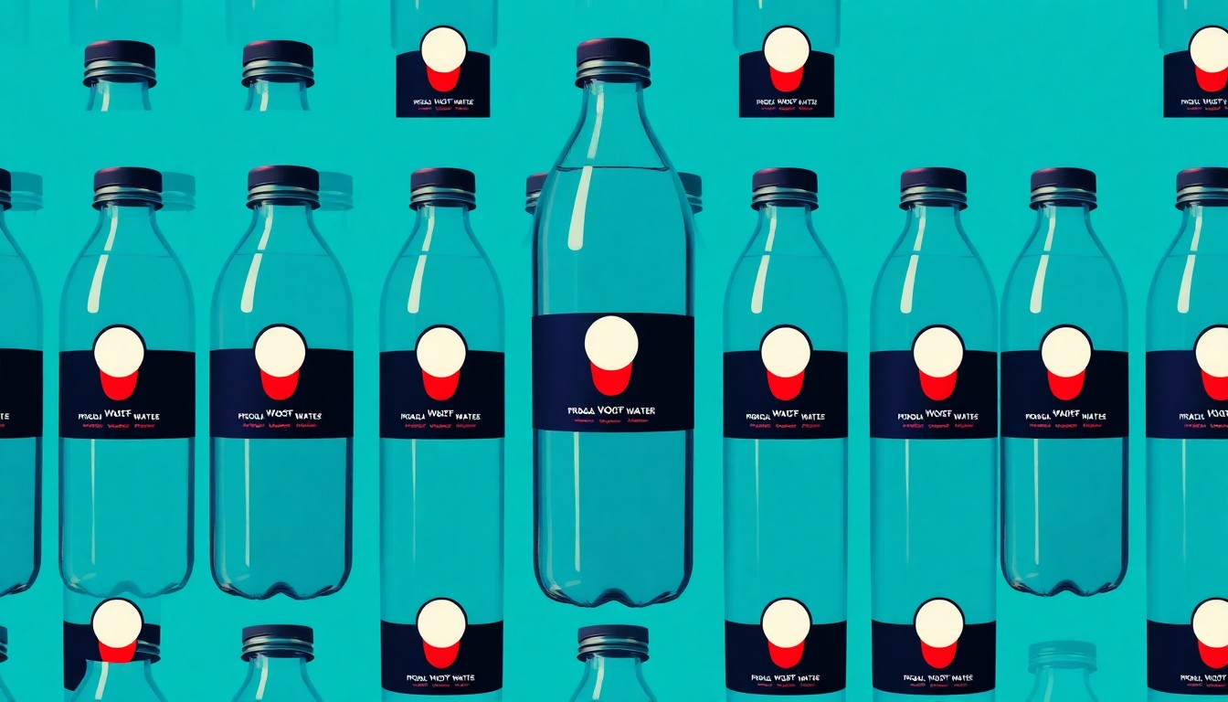 A vibrant, abstract grid of neon-colored French water bottles, conceptually representing the crossword clue 'Waters, in French'.