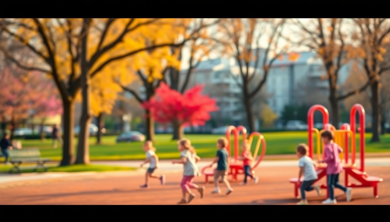 A soft, out-of-focus photograph showing the silhouettes of children playing on a playground, with blurred trees and buildings in the background, conveying the joyful energy of springtime exploration and recreation.