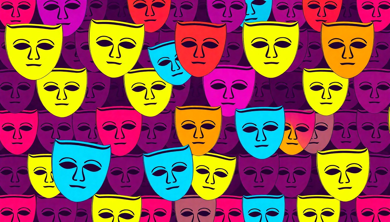 A vibrant, high-contrast silkscreen print featuring a repeating grid of stylized theater mask icons in neon pink, yellow, and blue hues, conceptually representing the energy and creativity of the performing arts.