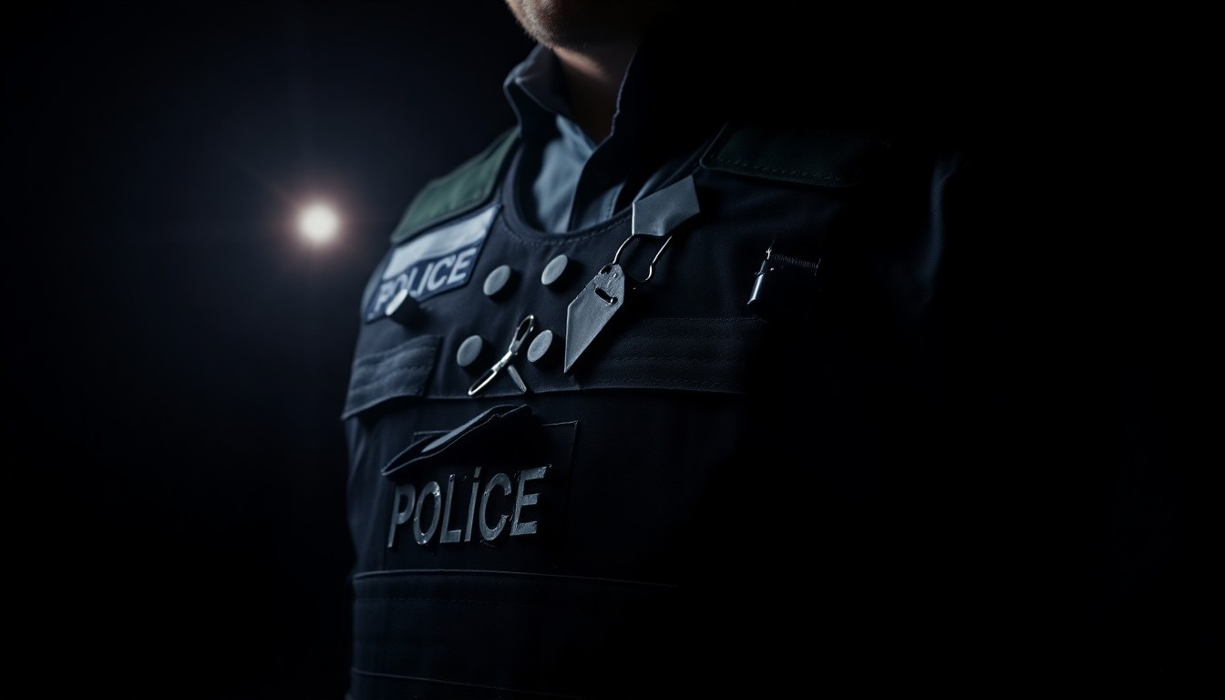 An extreme close-up photograph of a police officer's damaged ballistic vest, showing the impact of a knife attack, captured in a harsh, gritty, investigative style.