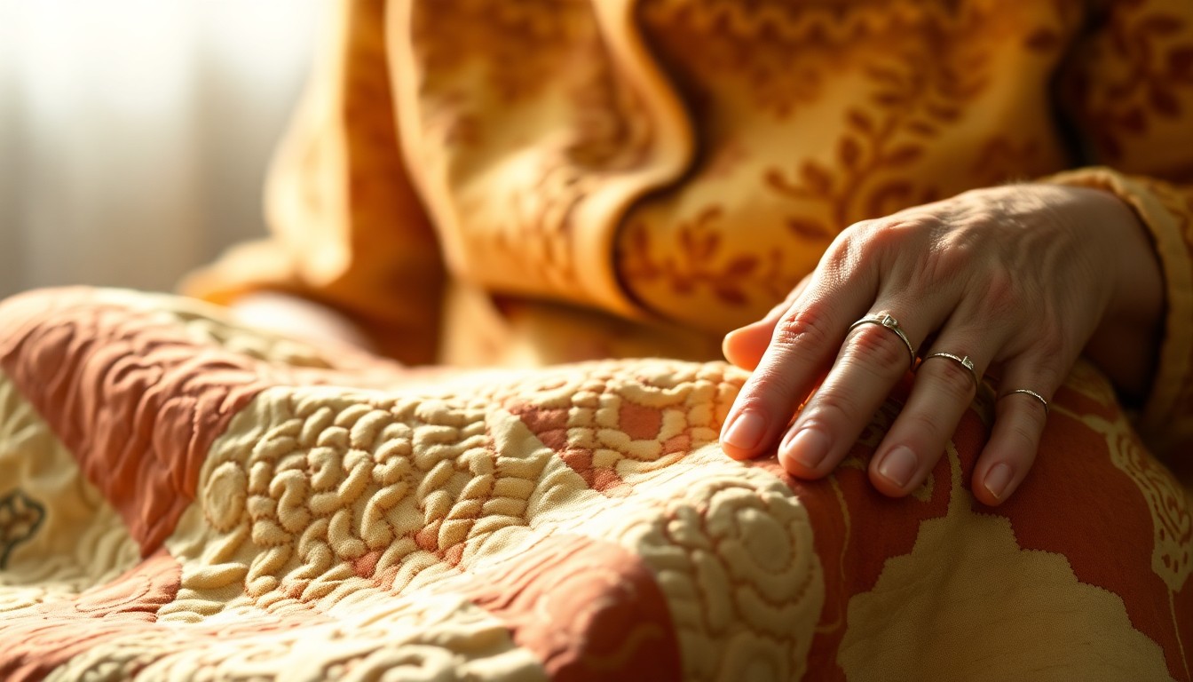 An extremely abstracted, out-of-focus photograph of an elderly woman's hands holding a handmade quilt, with the quilt's intricate patterns and textures as the main focus, conveying a sense of warmth, craftsmanship, and the honoree's lifelong commitment to hard work.