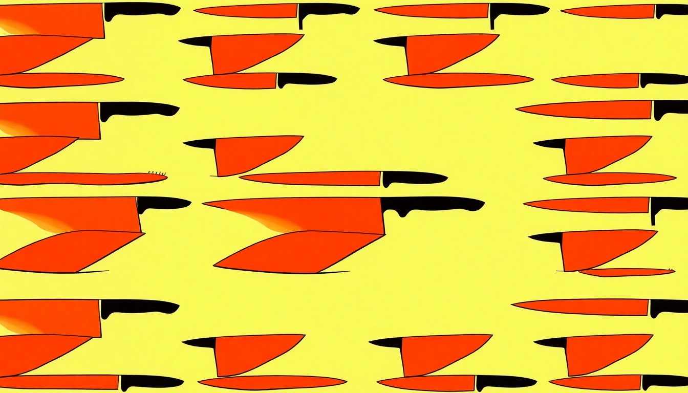 A bold, graphic illustration featuring a chef's knife repeated in a grid pattern, with the knife outline in thick black lines and the blade area filled with bright, overlapping shades of red, orange, and yellow, conceptually representing the focus on knife skills and technique.