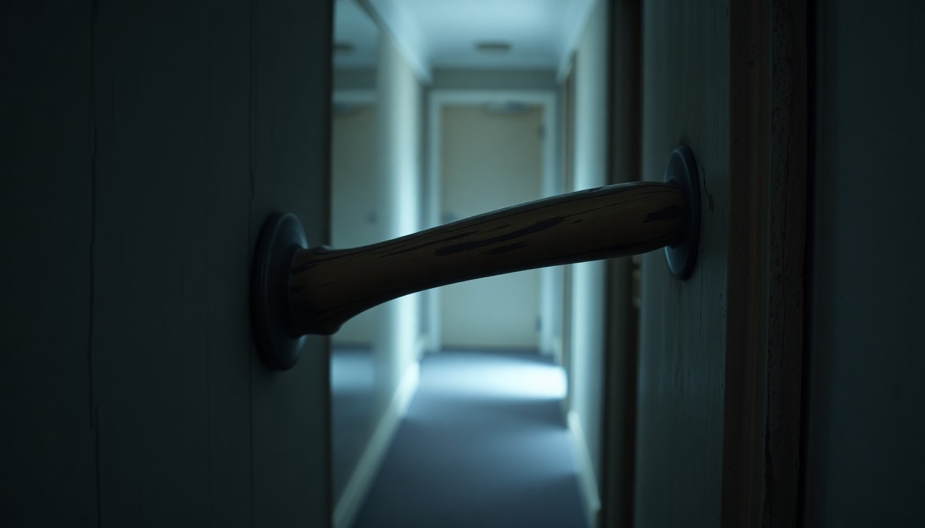An extreme close-up of a worn, weathered door handle in a dimly lit hallway, conceptually representing the search for a missing elderly person.