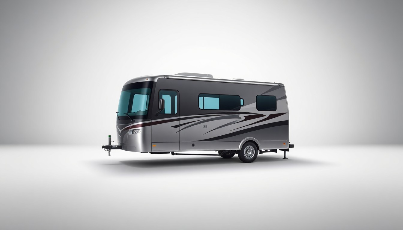 A photorealistic studio still-life image of a modern, minimalist RV and boat storage unit in polished metal and glass, conceptually representing the premium storage solution being built in Sebastian, Florida.