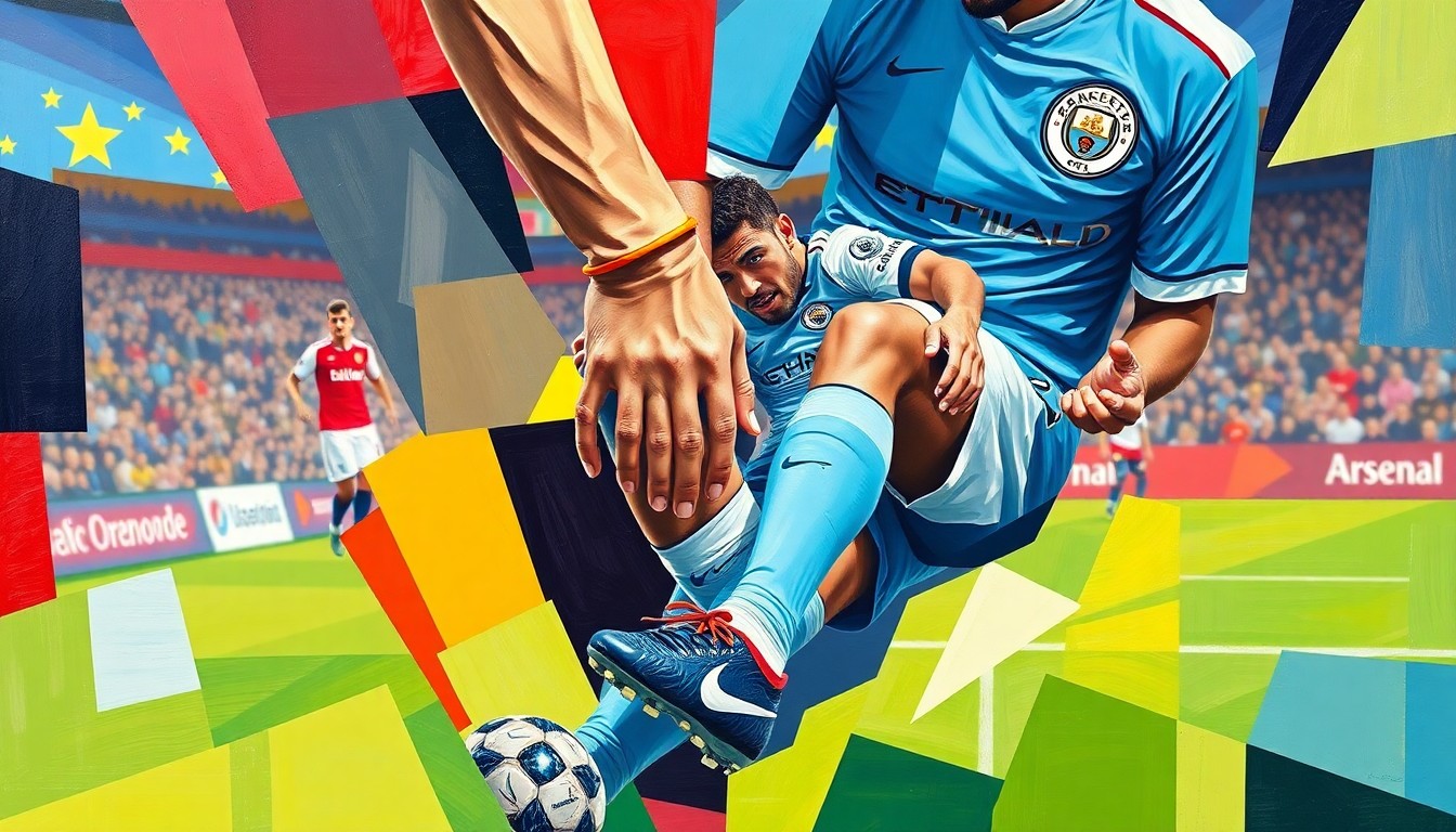 A fractured, multi-perspective painting in the cubist style, depicting a soccer player's injured leg and the overlapping geometric planes of a soccer pitch, with the vibrant colors of the Manchester City and Arsenal team uniforms.
