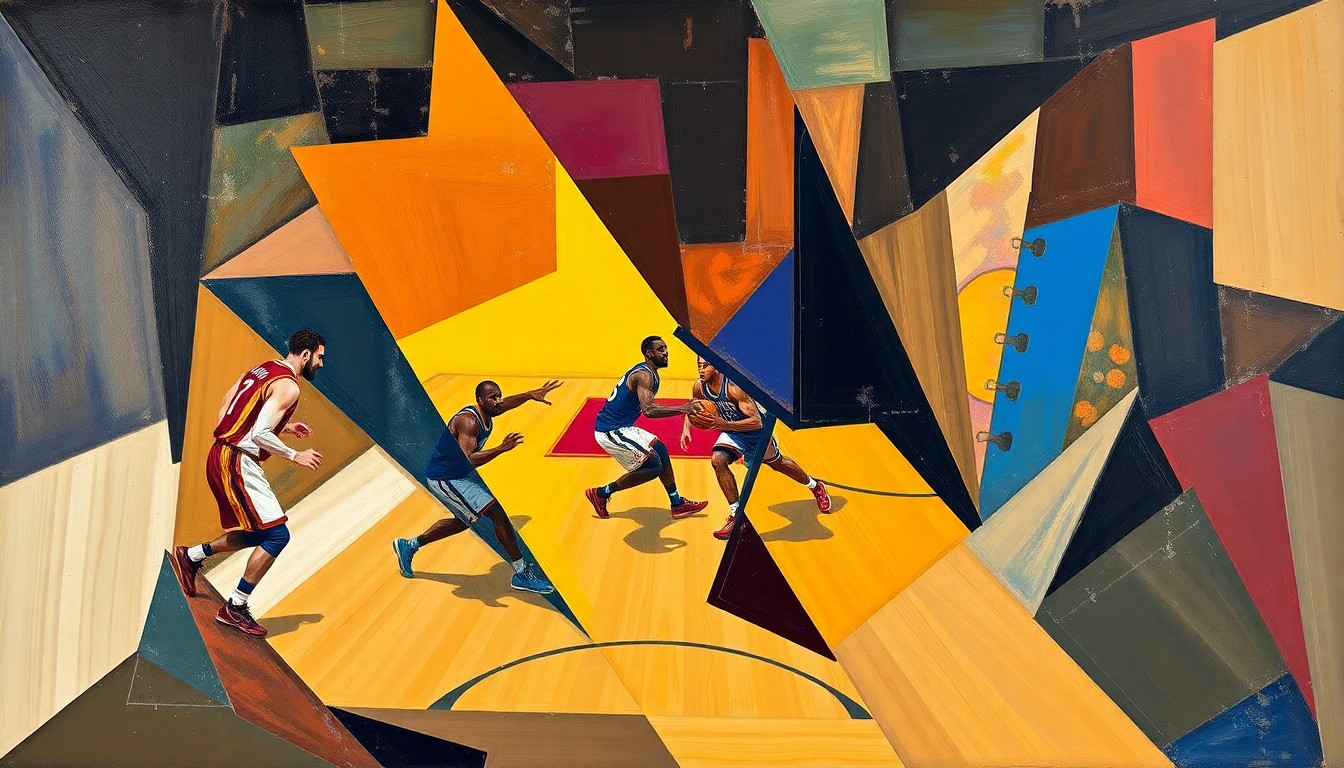 A cubist-style painting depicting a Cavaliers pick-and-roll play, with the players and ball broken down into sharp, overlapping geometric shapes and planes, conveying the complexity and strategic nature of modern NBA screening.