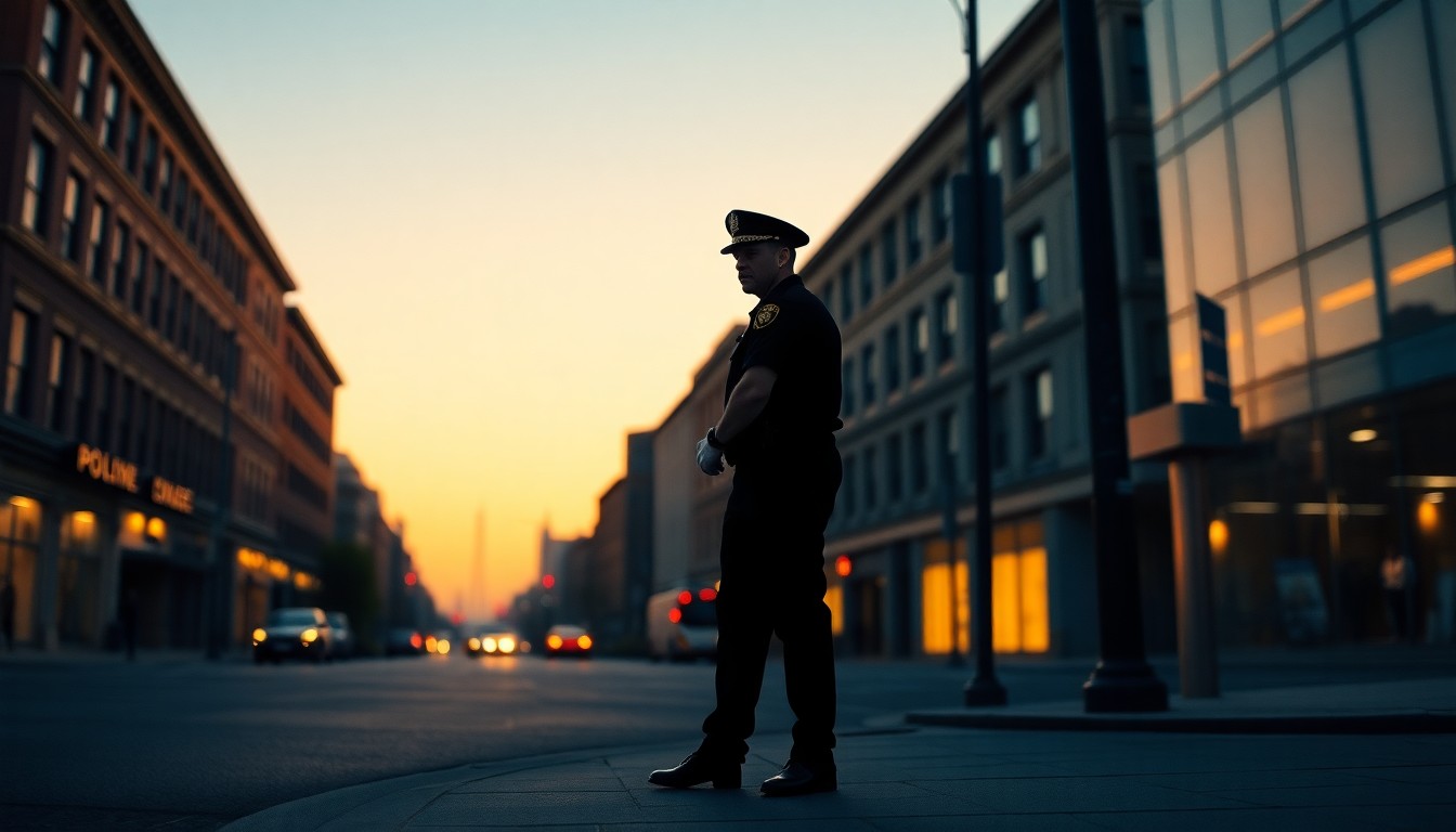 A cinematic painting of a solitary police officer standing on a dimly lit city street corner, the warm glow of the setting sun casting long shadows across the scene and highlighting the officer's solitary presence, conveying a sense of the unsung work and sacrifices made by many in law enforcement.