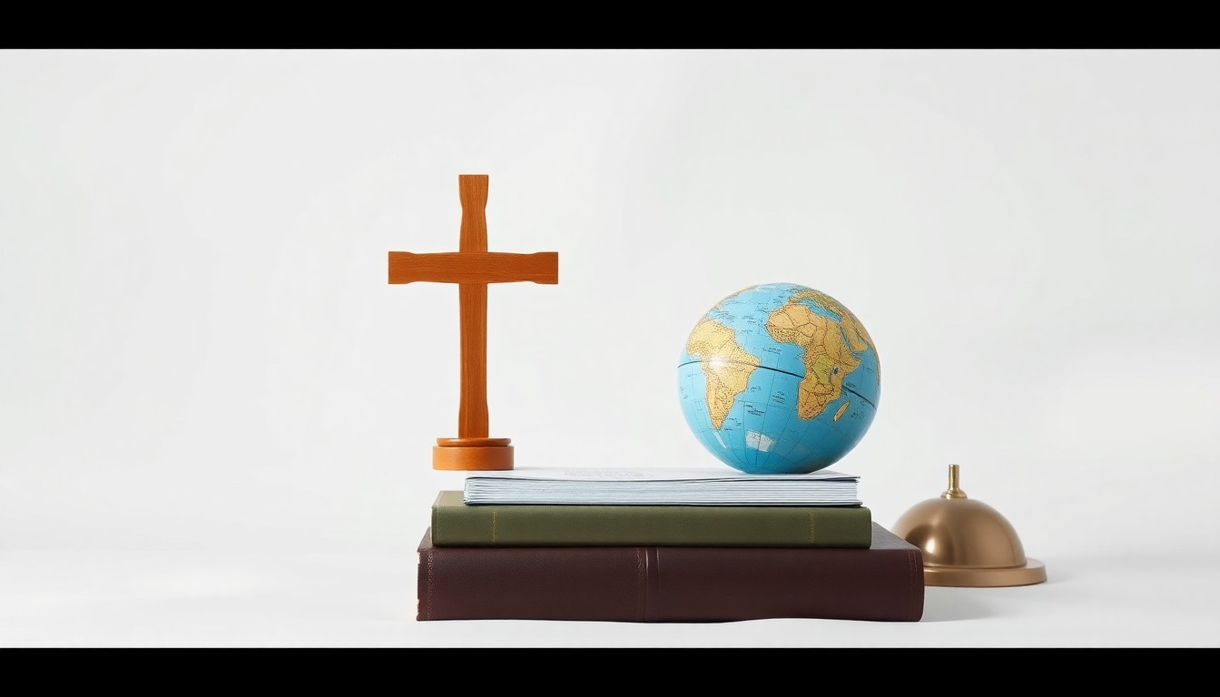 A photorealistic studio still life featuring a stack of hardcover books, a wooden cross, and a globe on a clean white background, symbolizing Edify's focus on faith-based education and global impact.