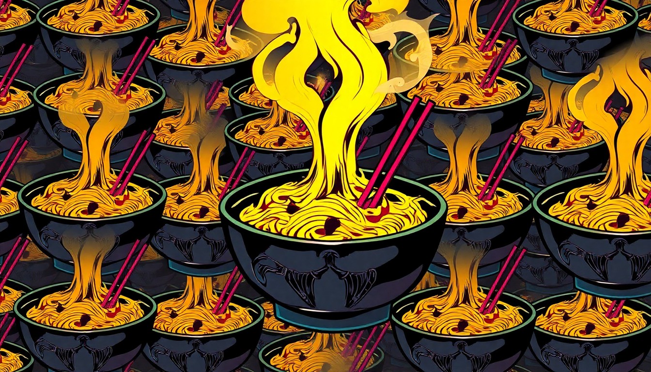 A vibrant, high-contrast silkscreen print of a steaming bowl of Chinese noodles repeated in a tight grid pattern, capturing the comforting and nostalgic essence of the new restaurant.