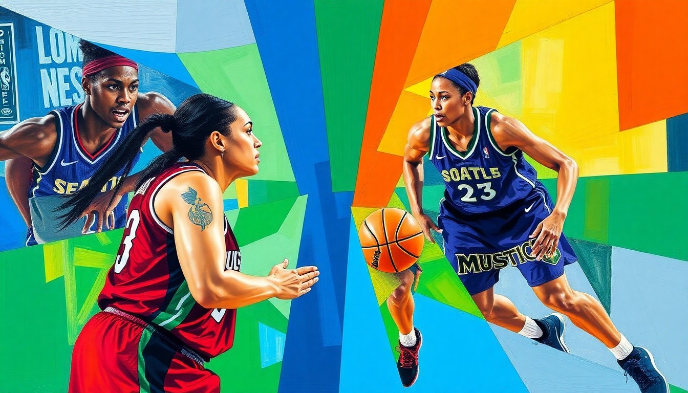 A fragmented, geometric painting depicting a WNBA basketball game, with the players and court broken down into sharp, overlapping planes of color representing the uniforms of the Seattle Storm and Washington Mystics.