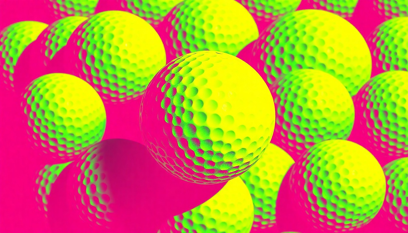 A brightly colored, high-contrast silkscreen print of a single, iconic golf ball repeated in a tight grid pattern, conceptually representing the luxury golf lifestyle of this property.