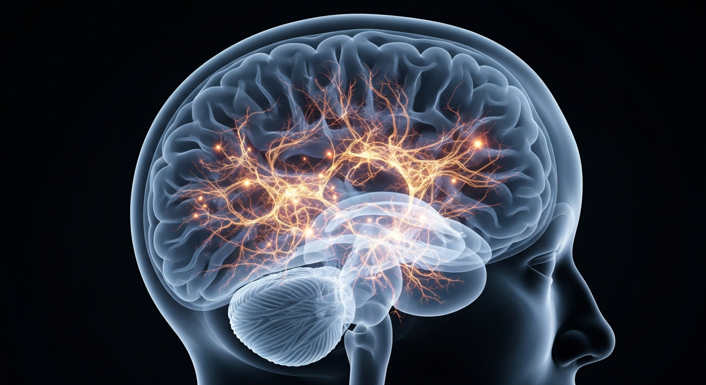 A highly detailed, translucent X-ray photograph revealing the intricate structures of the human brain, with glowing neural pathways and anatomical features, against a dark background, conceptually representing the increased demand for speech-language and behavioral health support in the Glen Ellyn community.