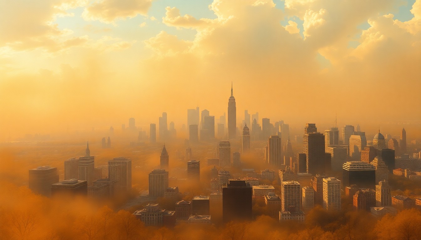A sweeping, atmospheric landscape painting depicting the Philadelphia skyline shrouded in a hazy, golden-hued atmosphere, with the city's skyscrapers and landmarks dwarfed by the overwhelming scale of the sky.