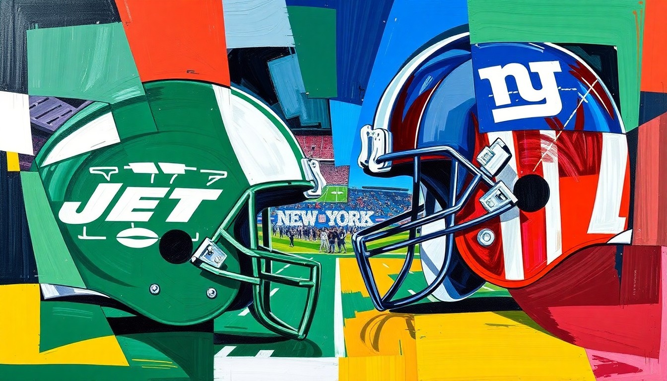 A cubist, geometric painting in vibrant blues, greens, and reds, depicting the fragmented action and energy of an NFL football game or draft selection process.