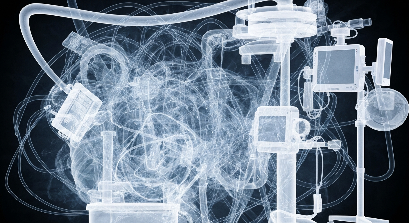 A translucent X-ray image revealing a complex network of medical equipment and financial transactions, conceptually illustrating the hidden vulnerabilities that enable healthcare fraud.