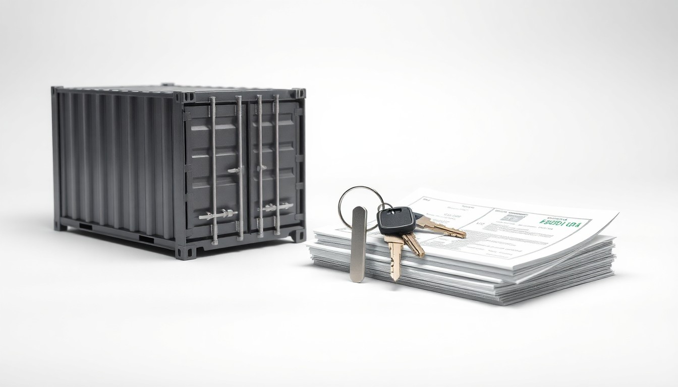 A photorealistic studio still life featuring a polished metal shipping container, a set of truck keys, and a stack of financial documents arranged on a clean, monochromatic background, symbolizing the logistics and financial aspects of the transportation industry.