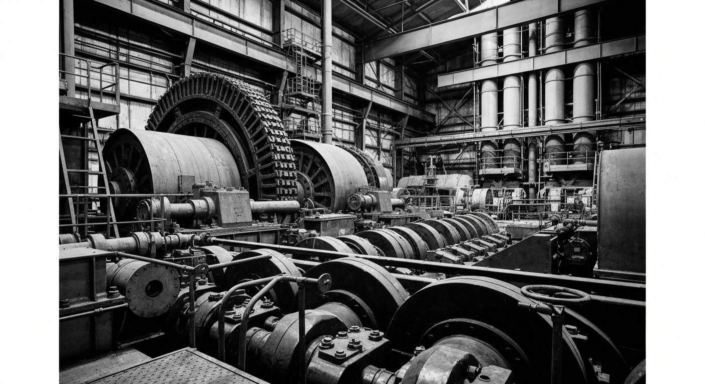 A high-contrast, black and white close-up image of the heavy industrial machinery and equipment inside the Energy Fuels' White Mesa Mill, conveying the mill's vital role in the domestic nuclear fuel supply chain through its powerful, cinematic visual style.