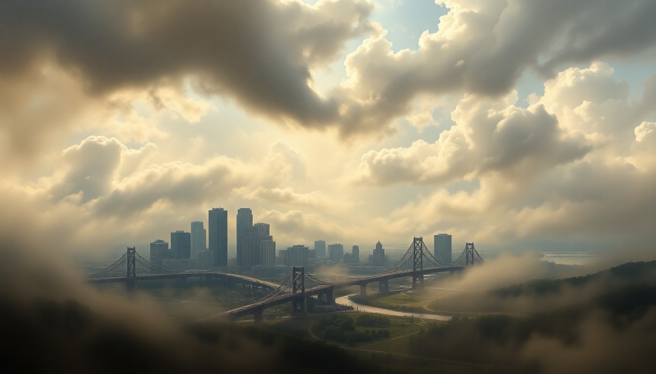 A sweeping, atmospheric landscape painting depicting the Cincinnati skyline partially obscured by dramatic, windswept clouds and haze, conveying the overwhelming power of the natural forces at play.