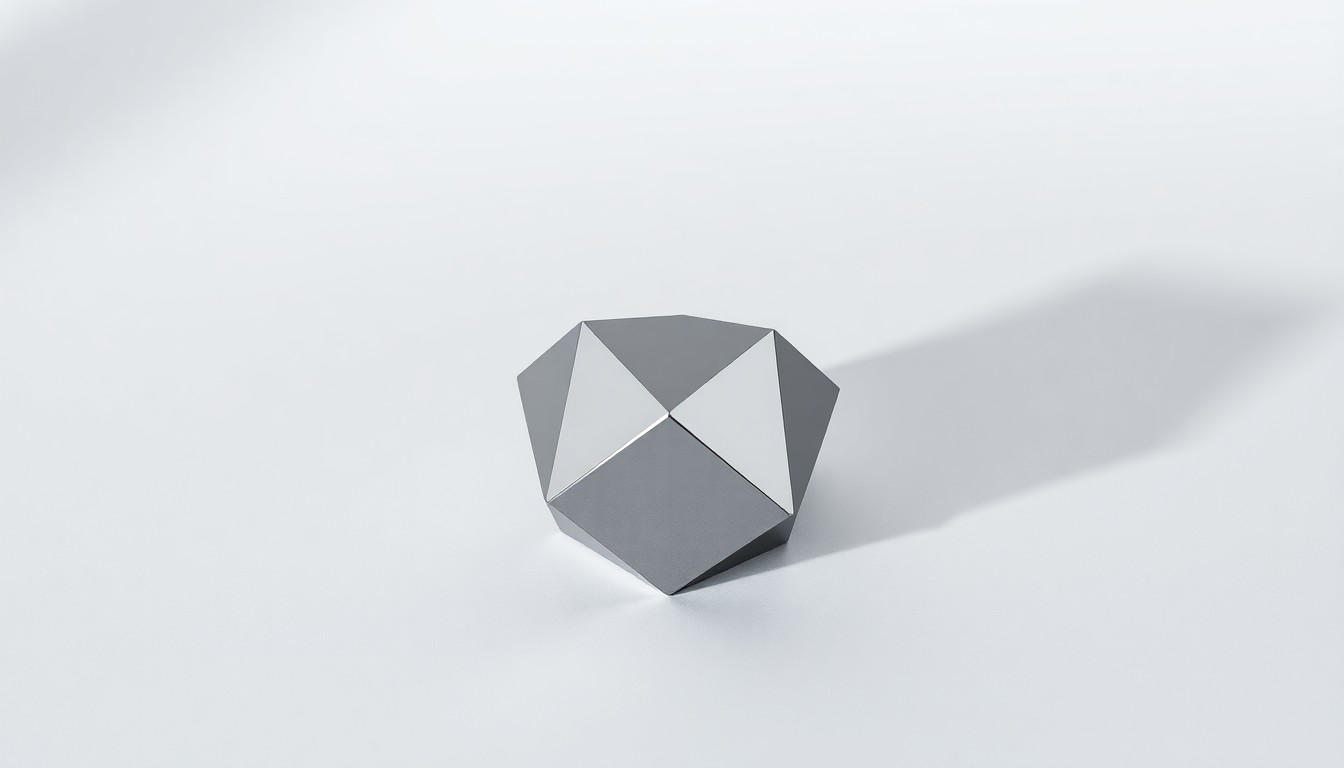 A highly reflective, chrome-plated geometric object resting on a plain white background, conveying a sense of corporate power and market performance through its polished, dramatic lighting and simple, elegant design.