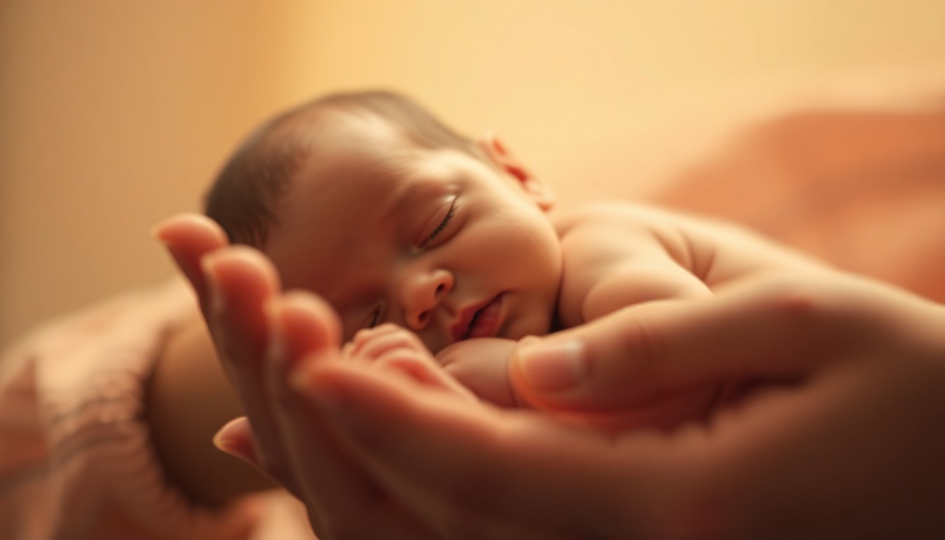 An extremely abstracted, out-of-focus photograph in soft pools of warm color and light, depicting the blurred, dreamlike scene of a newborn baby being cradled by loving hands.