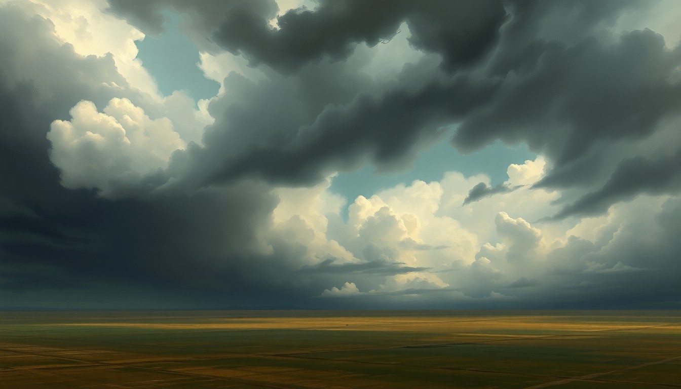 A sweeping, atmospheric landscape painting depicting a turbulent, stormy sky over a flat, desolate plain, conveying the overwhelming scale and power of an approaching severe weather system.