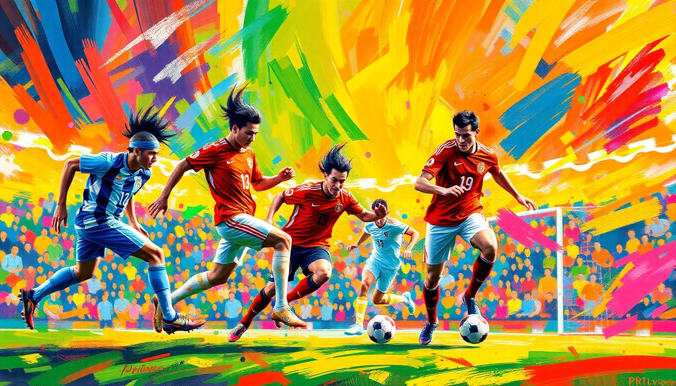 An abstract, expressionist painting in neon colors depicting the rapid movements and energy of a professional soccer match.