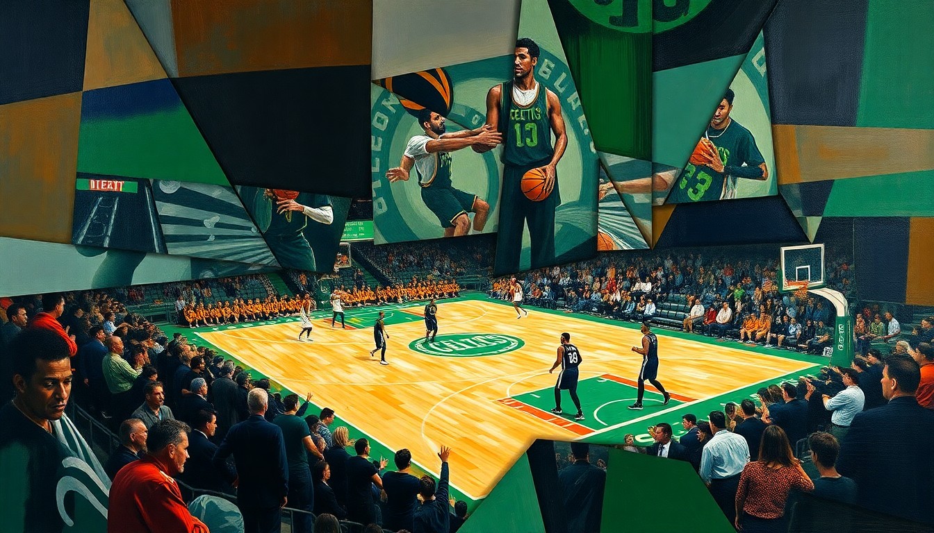 A cubist-style painting depicting a Celtics basketball game, with the players and court broken down into sharp, overlapping geometric shapes and planes in vibrant colors, conveying the team's resilience and adaptability in the face of adversity.