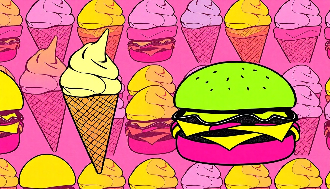 A brightly colored, high-contrast silkscreen print of an iconic ice cream cone and burger repeated in a tight grid pattern, conceptually representing the classic comfort food that has made City Point Ice Cream and Burgers a beloved local destination.