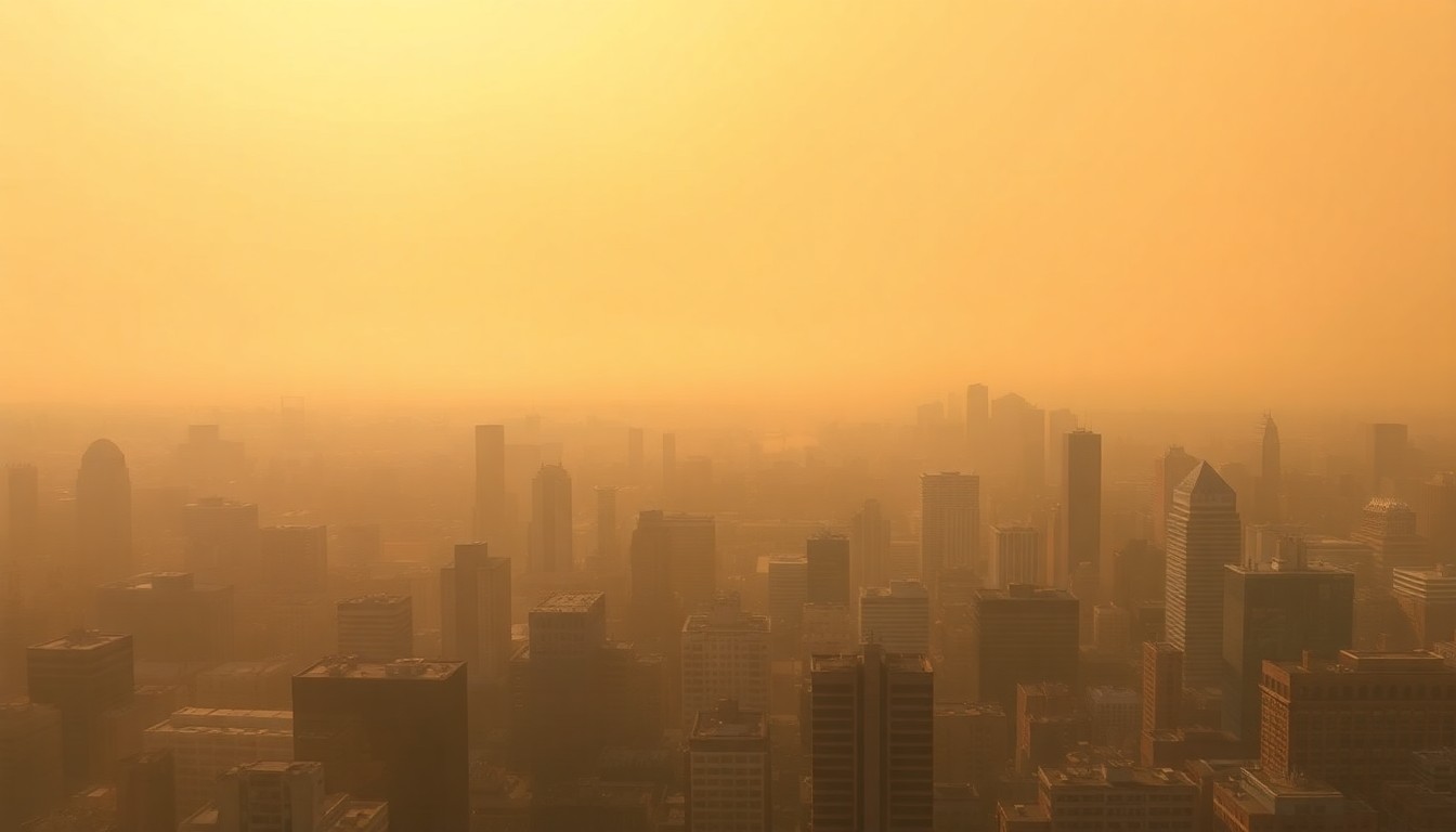 A vast, atmospheric landscape painting depicting a hazy, sun-drenched cityscape of Baltimore, with the urban structures dwarfed by the overwhelming scale of the natural elements.