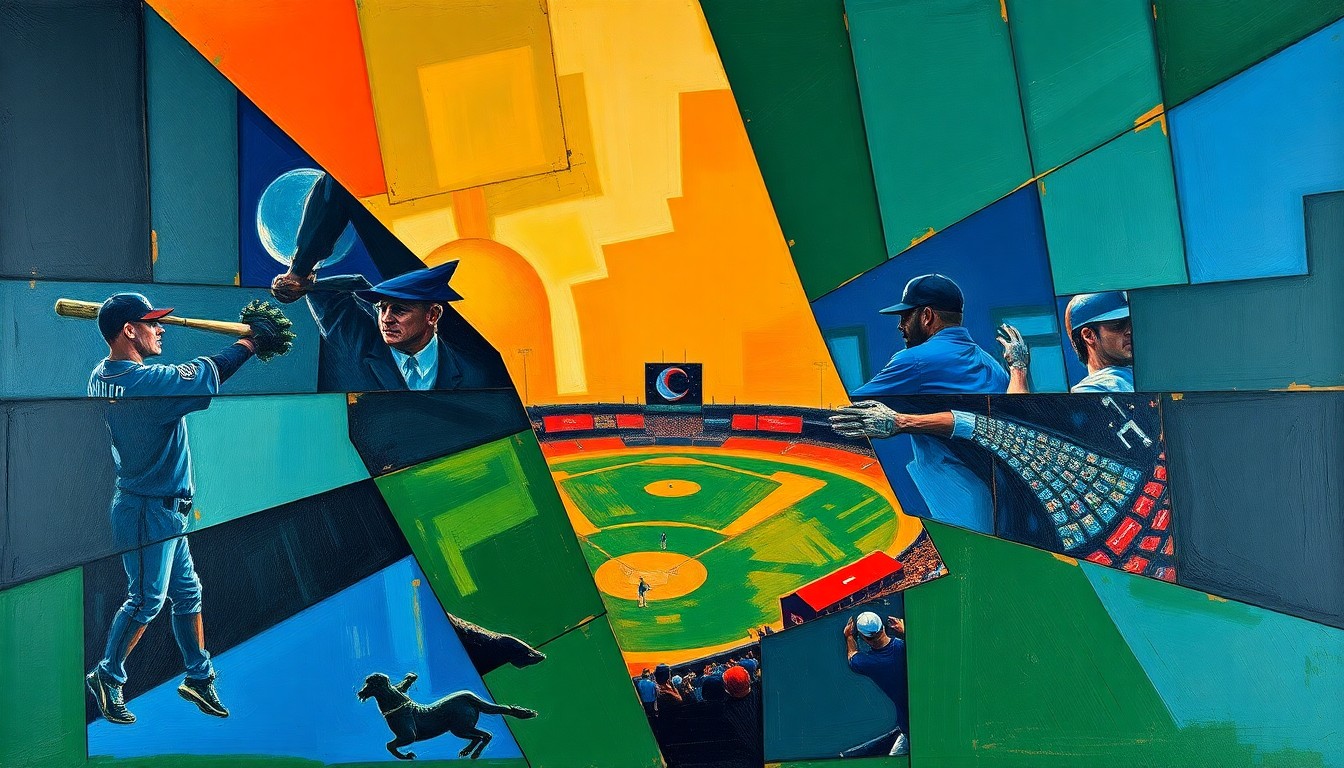 A fractured, cubist-style painting depicting a baseball game or match, with sharp, overlapping geometric planes in vibrant colors of navy blue, forest green, and burnt orange, capturing the raw energy and tension of the game.