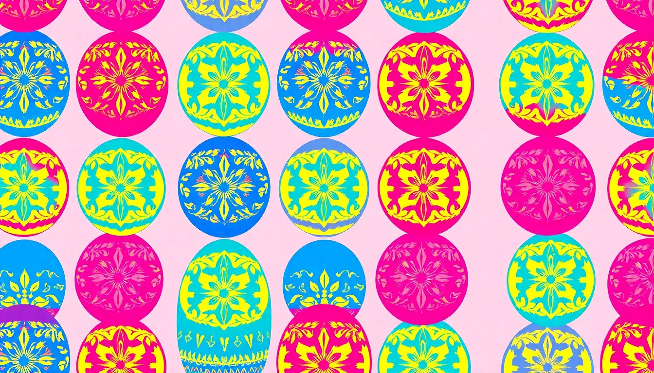A highly stylized, pop art-inspired illustration featuring a repeating pattern of a traditional Ukrainian pysanka egg in a grid, rendered in a bold, neon color palette of electric blue, hot pink, and sunshine yellow, conceptually representing the blend of cultural heritage and modern lifestyle trends in North Jersey's retail landscape.