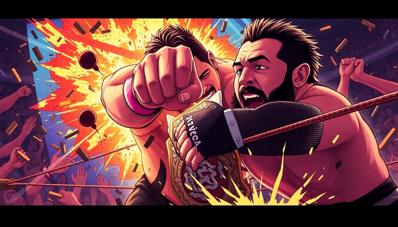 A dynamic, high-energy illustration depicting the climactic ending of the AEW World Championship match between MJF and Kenny Omega, with MJF using his Dynamite Diamond Ring to gain the upper hand and retain his title in a dramatic, action-packed scene.