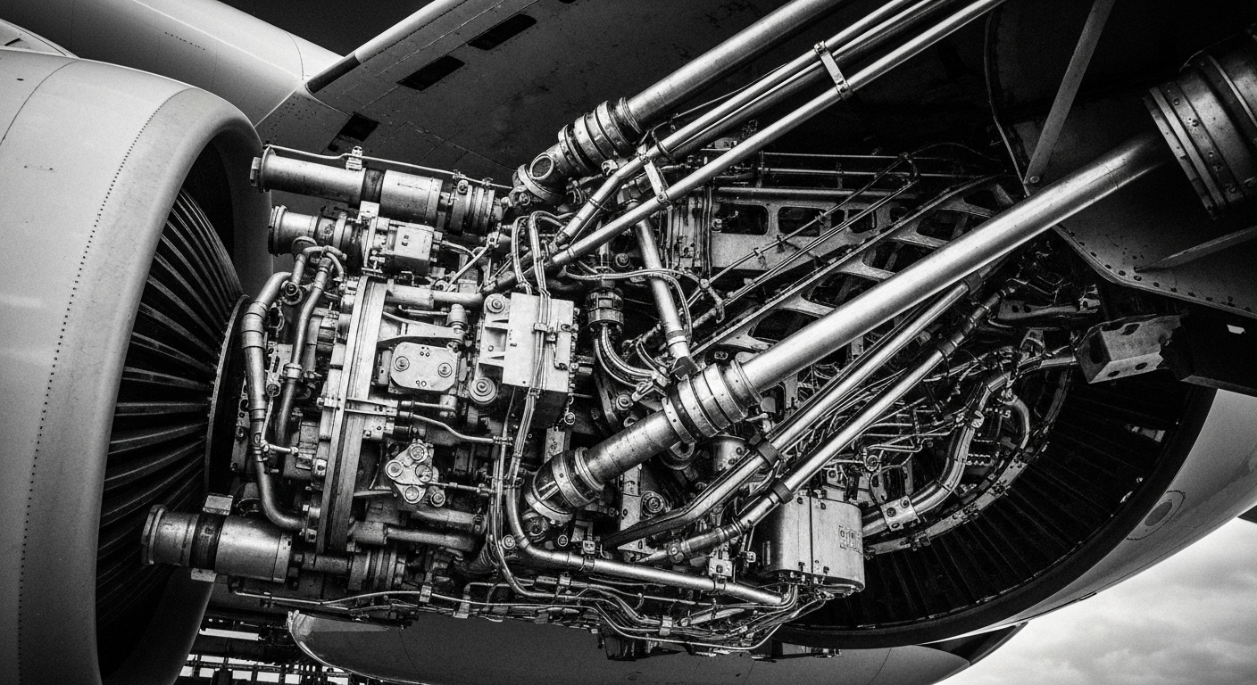 An extreme close-up of the intricate mechanical components and hardware that power a commercial airliner, rendered in a high-contrast, industrial style to convey the complex infrastructure supporting the airline industry.