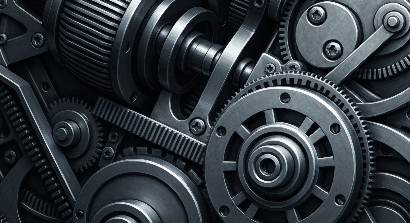 An extreme close-up of complex, interlocking metal gears and machinery in shades of grey, conveying the institutional power and security of the banking industry.