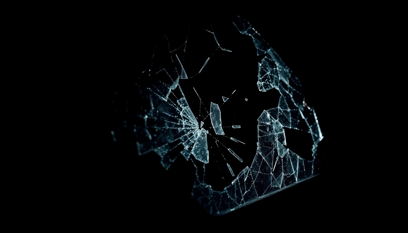 An extreme close-up photograph of shattered glass from a crime scene, lit by a harsh, direct camera flash against a pitch-black background, conceptually illustrating the serious and investigative nature of a high-profile juvenile murder case.