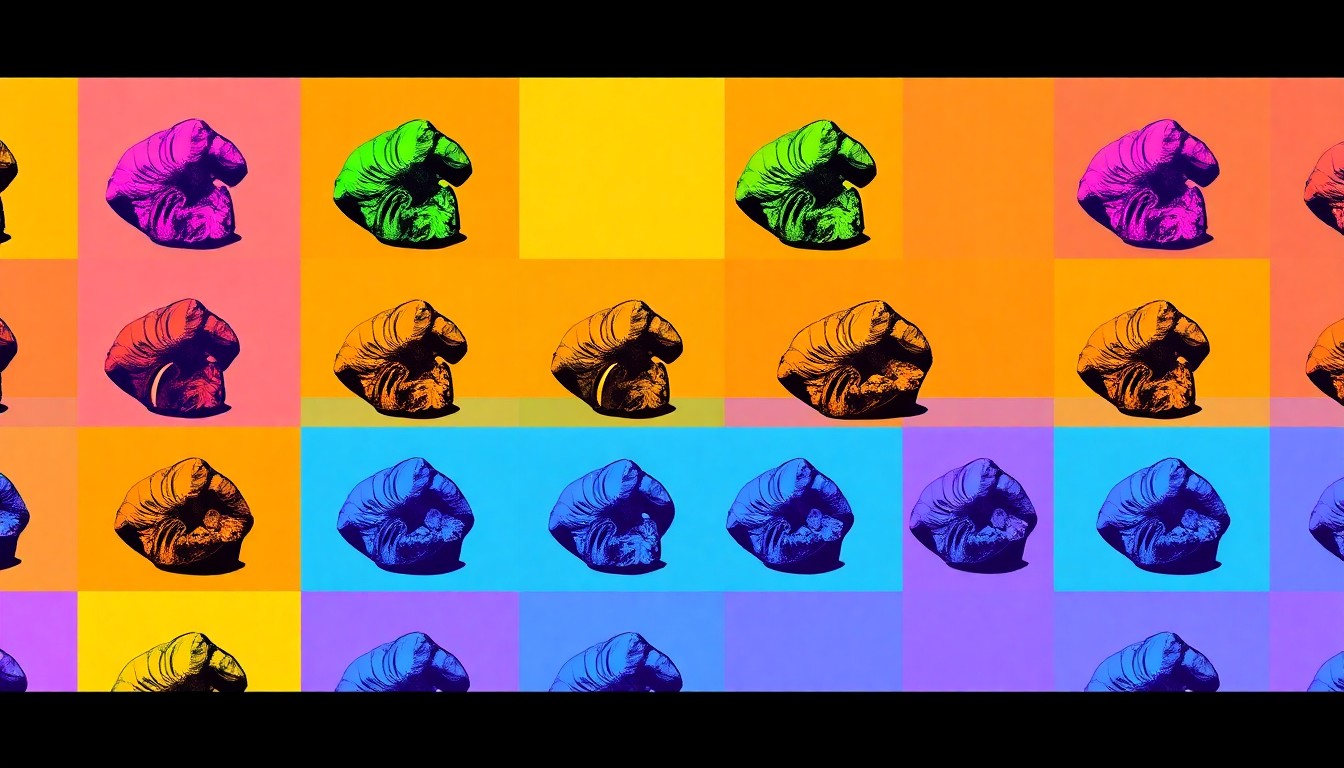 A brightly colored, high-contrast silkscreen print of a single, iconic rock or mineral specimen repeated in a tight grid pattern, conceptually representing the Culver City Rock and Mineral Club's 50th anniversary celebration and its mission to connect the community with the natural world.