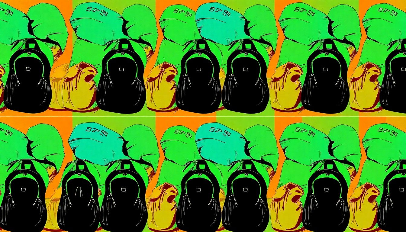 A high-contrast, silkscreen-style illustration of a repeated homeless shelter object, such as a sleeping bag or backpack, in a grid of neon colors and heavy black outlines, conceptually representing the rising homelessness issue in Cupertino.