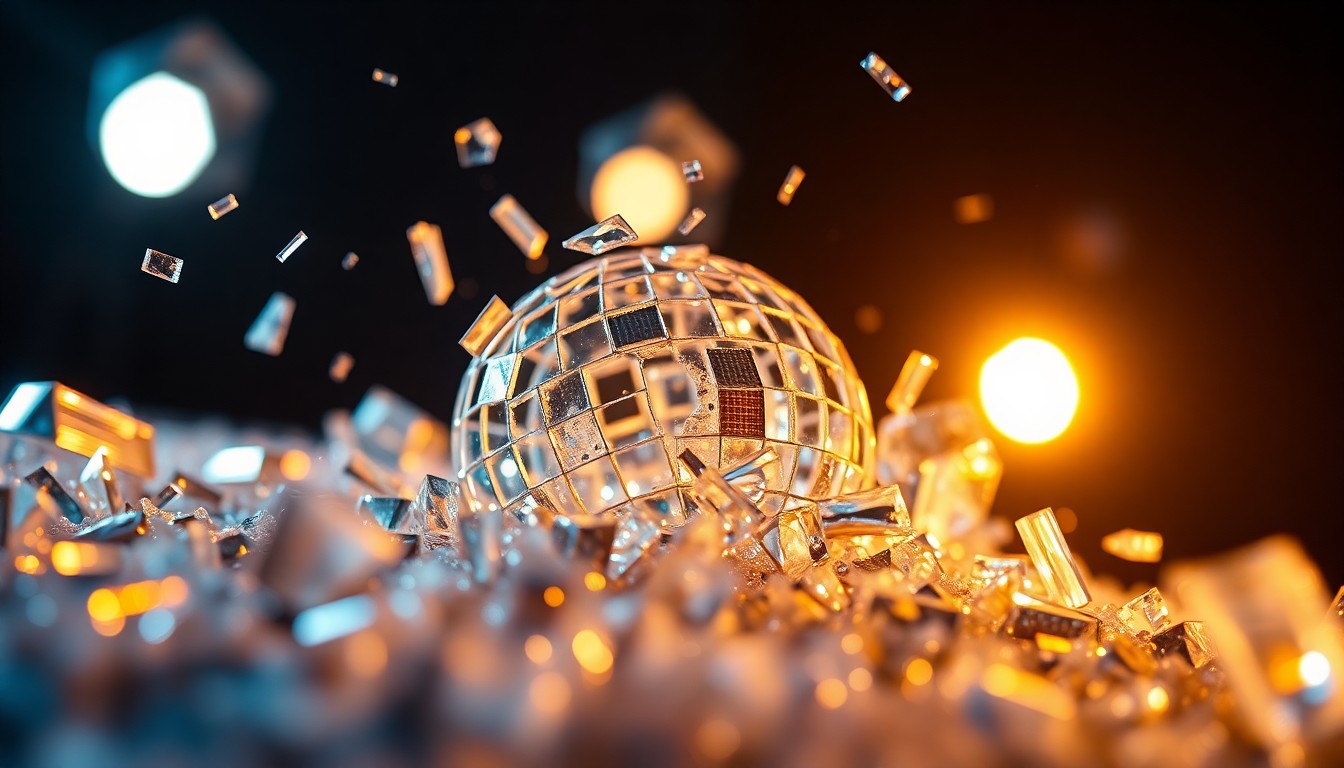 An extreme close-up photograph of shattered, glittering disco ball glass fragments, capturing the high-contrast, glamorous aesthetic of celebrity culture.