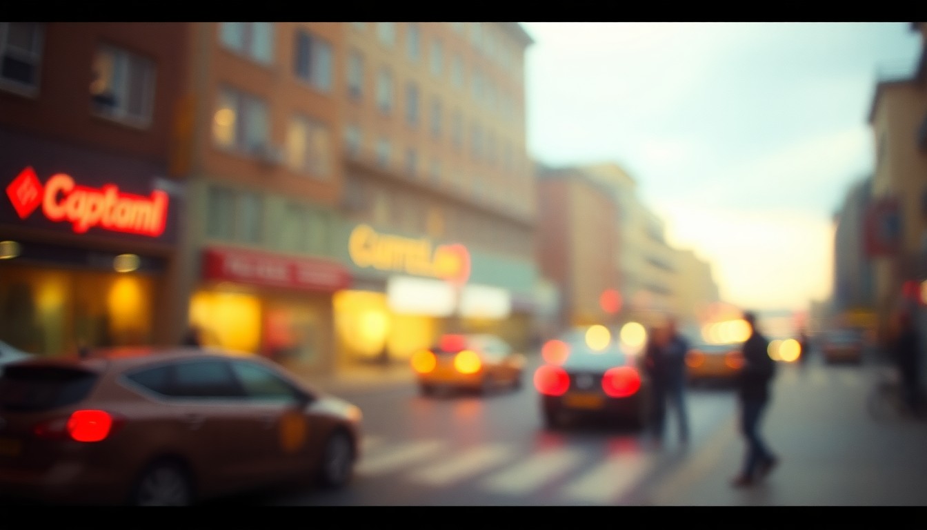 An extremely blurred and out-of-focus photograph depicting a city street with a few indistinct cars and pedestrians, all rendered in soft, warm pools of color and light, conceptually representing the temporary disruption caused by infrastructure repairs in Gering.