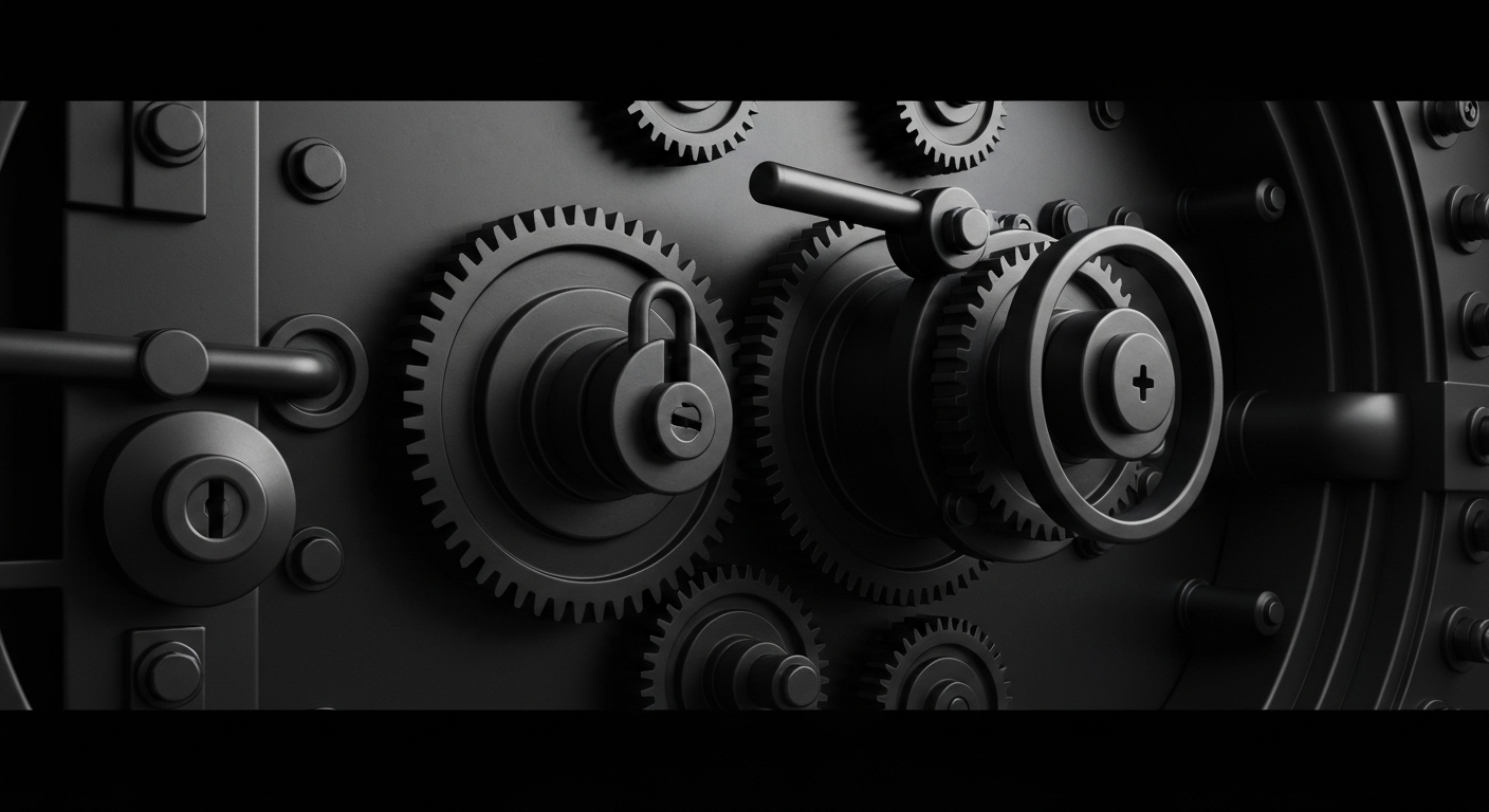 An extreme close-up of the complex machinery and mechanisms inside a bank vault, conveying the heavy, industrial nature of financial infrastructure.
