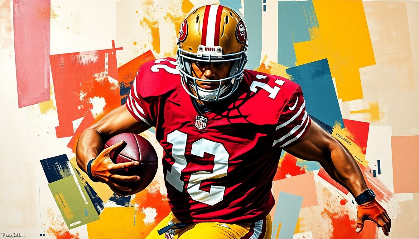 A fractured, multi-perspective painting in bold colors depicting a football player in action, with sharp, overlapping geometric shapes representing the player's movements and the energy of the game.