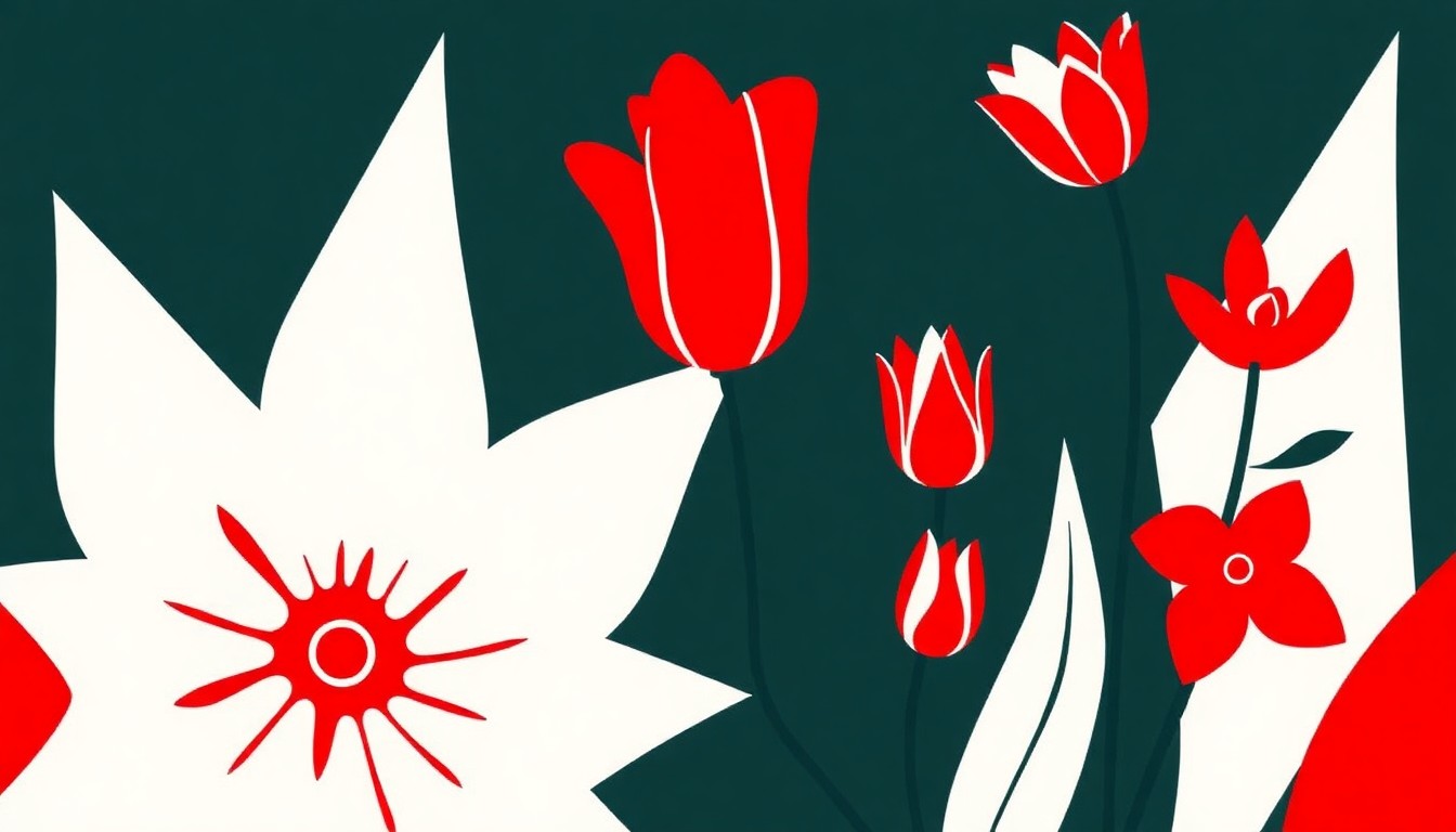 A bold, abstract illustration featuring jagged, geometric shapes in striking red and white, conceptually representing the vibrant floral interpretations and artistic celebration of the Fitchburg Art Museum's 28th annual Art in Bloom event.